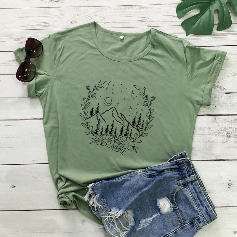 Aesthetic Floral Mountains Nature T-shirt Stylish Women Camping Outdoor Tshirt Summer Short Sleeve Graphic Hiking Tee Shirt Top