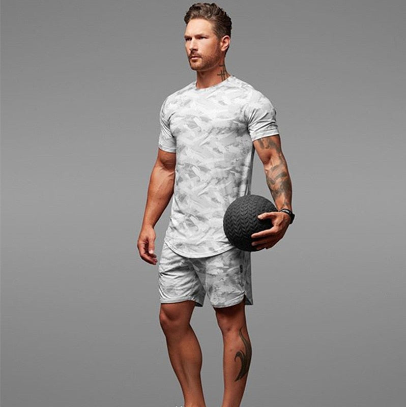 2021 new camouflage print T-shirt sports suit couples quick dry leisure running suit summer jogging short sleeved shorts 2 piece