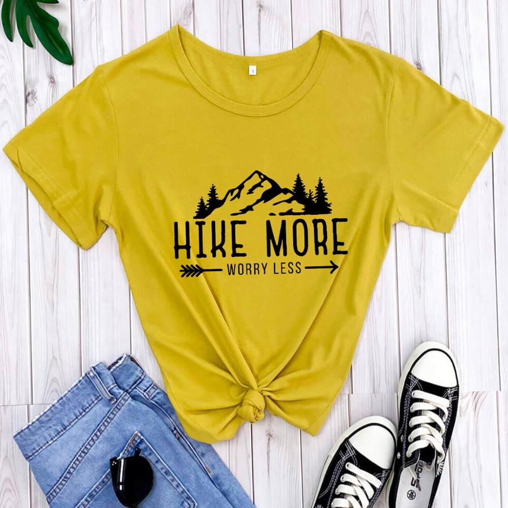 Hike More Worry Less Women's T Shirt Outdoors O-Neck Pullover Short Sleeve Tops Hiking Tees Vacation Shirts